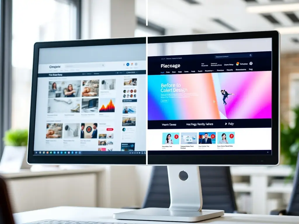 A split-screen showing a before-and-after transformation of a website, illustrating the impact of Global Web Apps' design and SEO services.